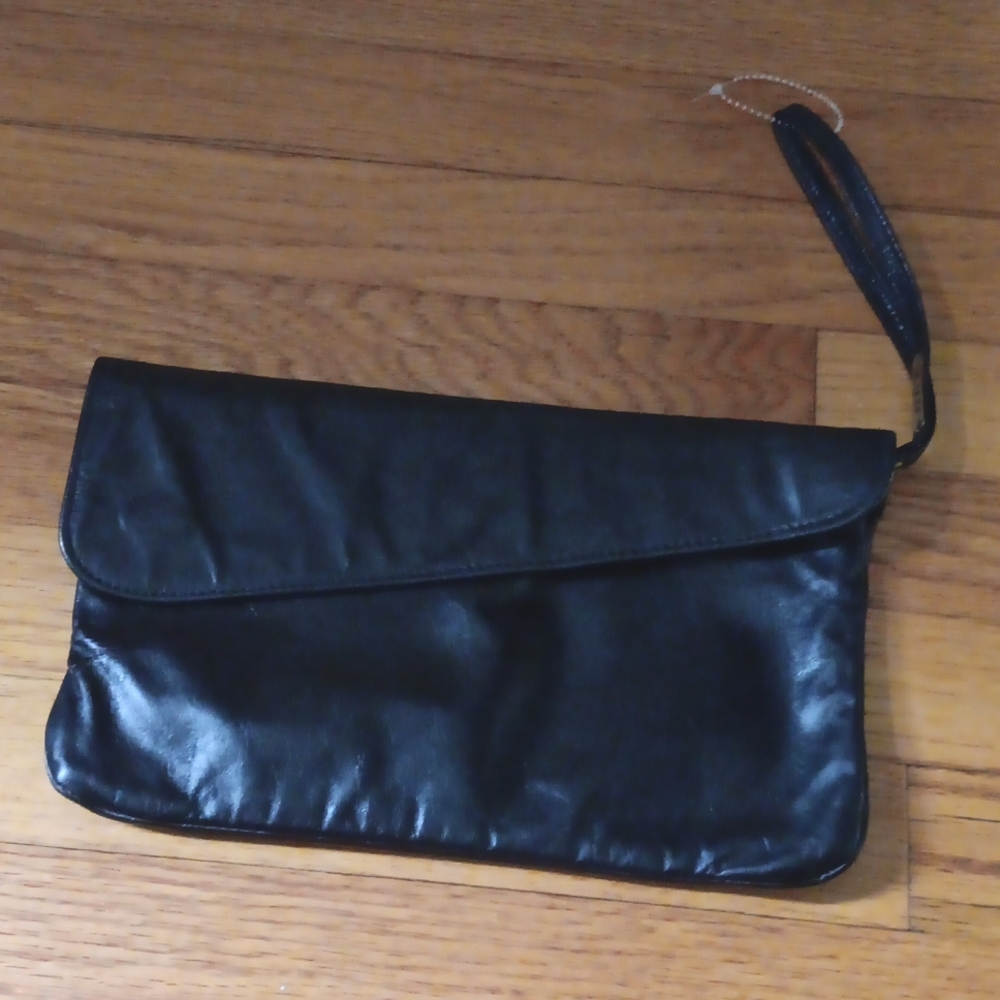 Bill Dorf Vintage Black Leather Clutch with Wristlet Strap